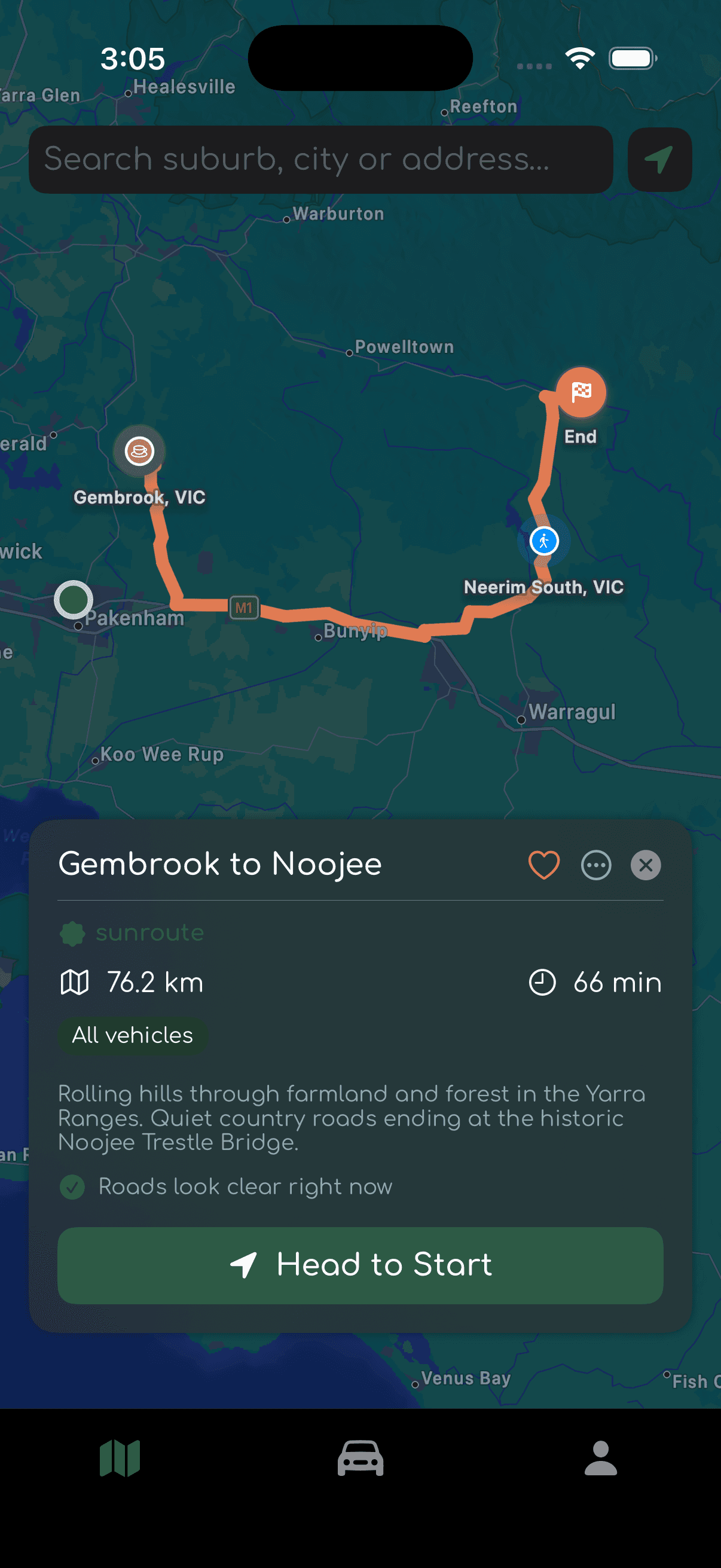 sunroute route — dark mode